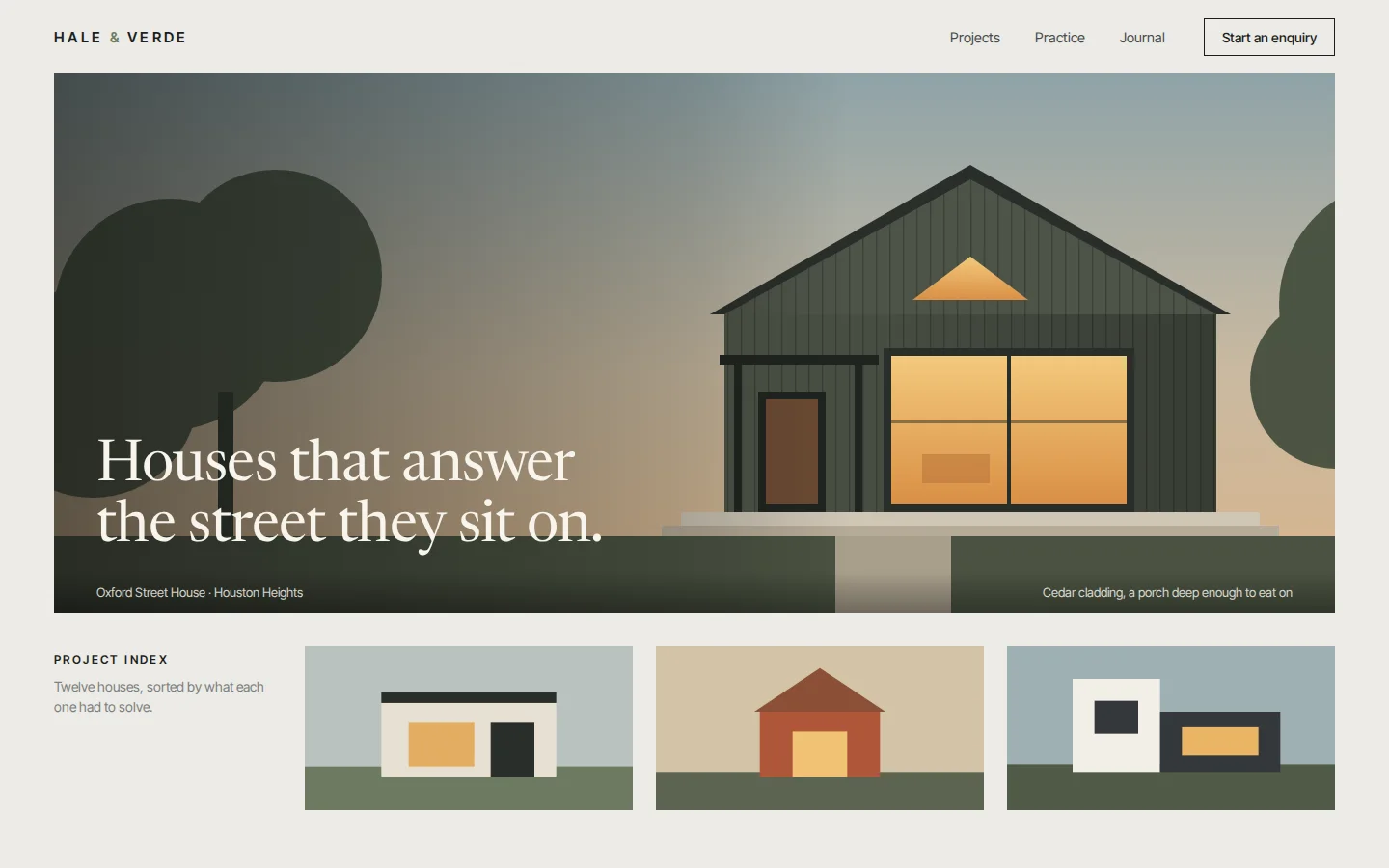 Concept homepage for Hale & Verde: a full-bleed plate of a clad house at dusk under the headline Houses that answer the street they sit on, above a three-up project index